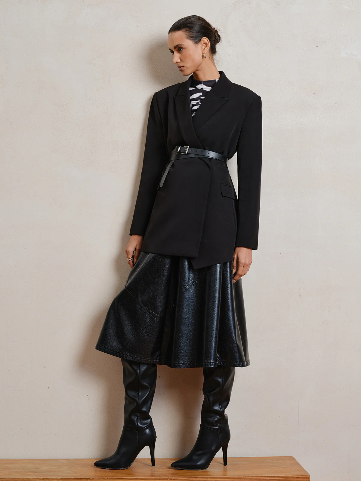 Belted Long Sleeve Lapel Blazer - Wholesalesil