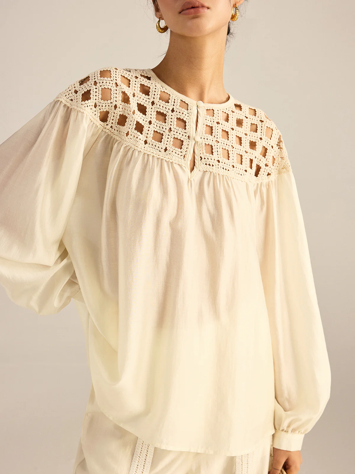 Semi-Sheer Crochet Tencel Blouse - Wholesalesil