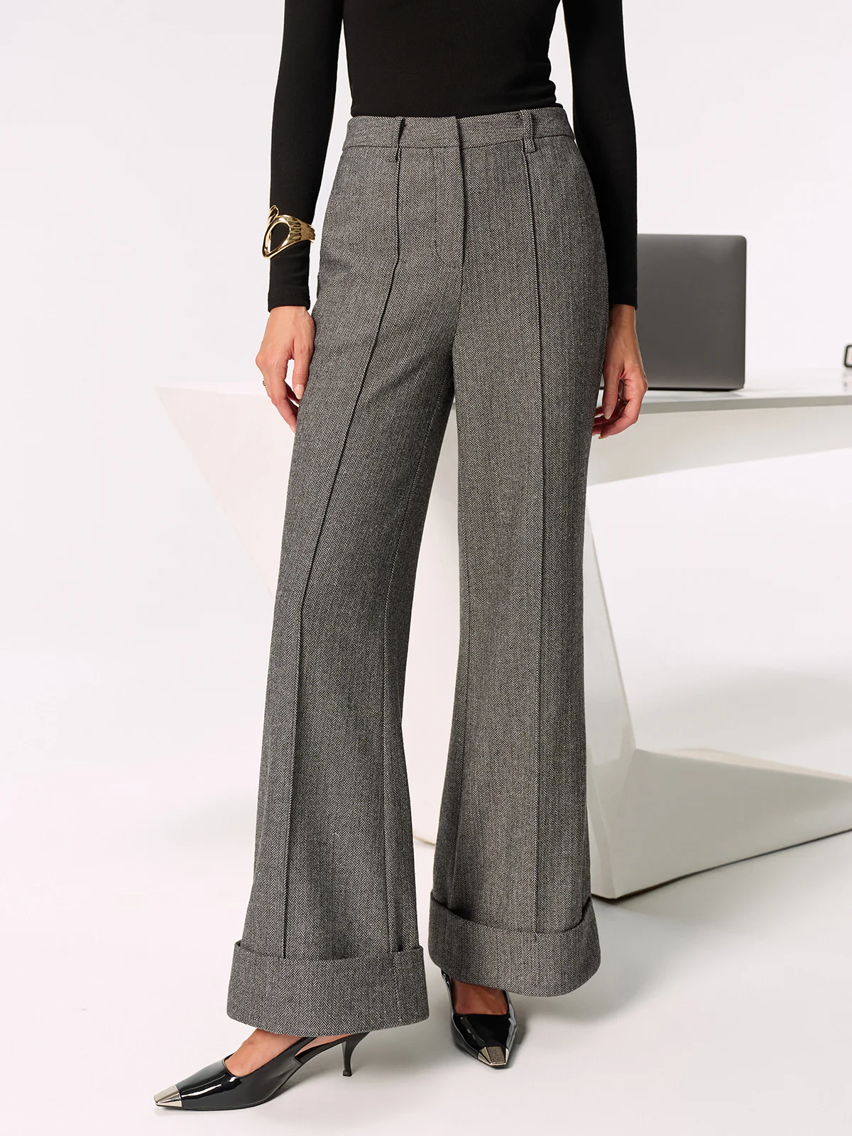 Mid-Waist Cuffed Wide-Leg Pants - Wholesalesil