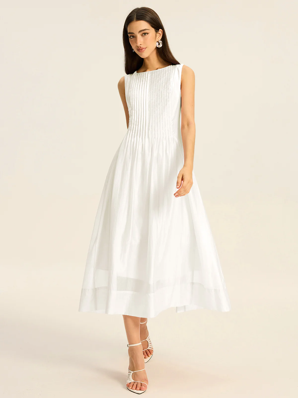 Semi-Sheer Tencel Pleated Sleeveless Midi Dress - Wholesalesil