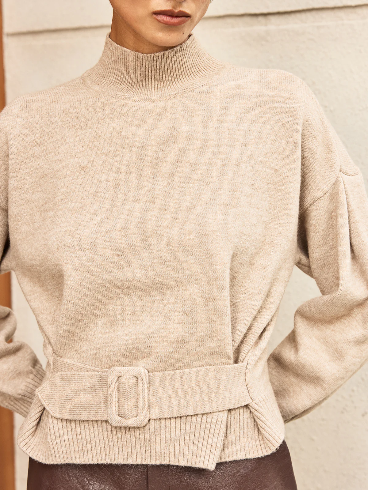Wool Blend Mock Neck Belted Sweater - Wholesalesil