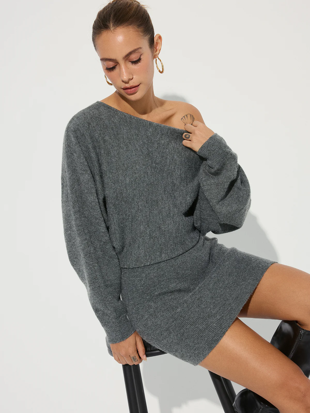 Asymmetric Off-Shoulder Knit Mini Dress - Wholesalesil