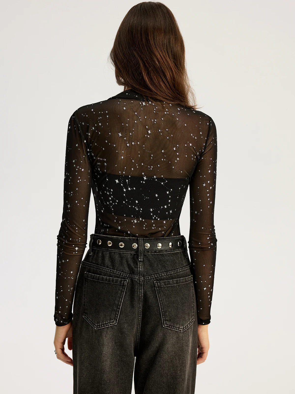 Glitter Star Sheer Mesh Long-Sleeve Bodysuit - Wholesalesil