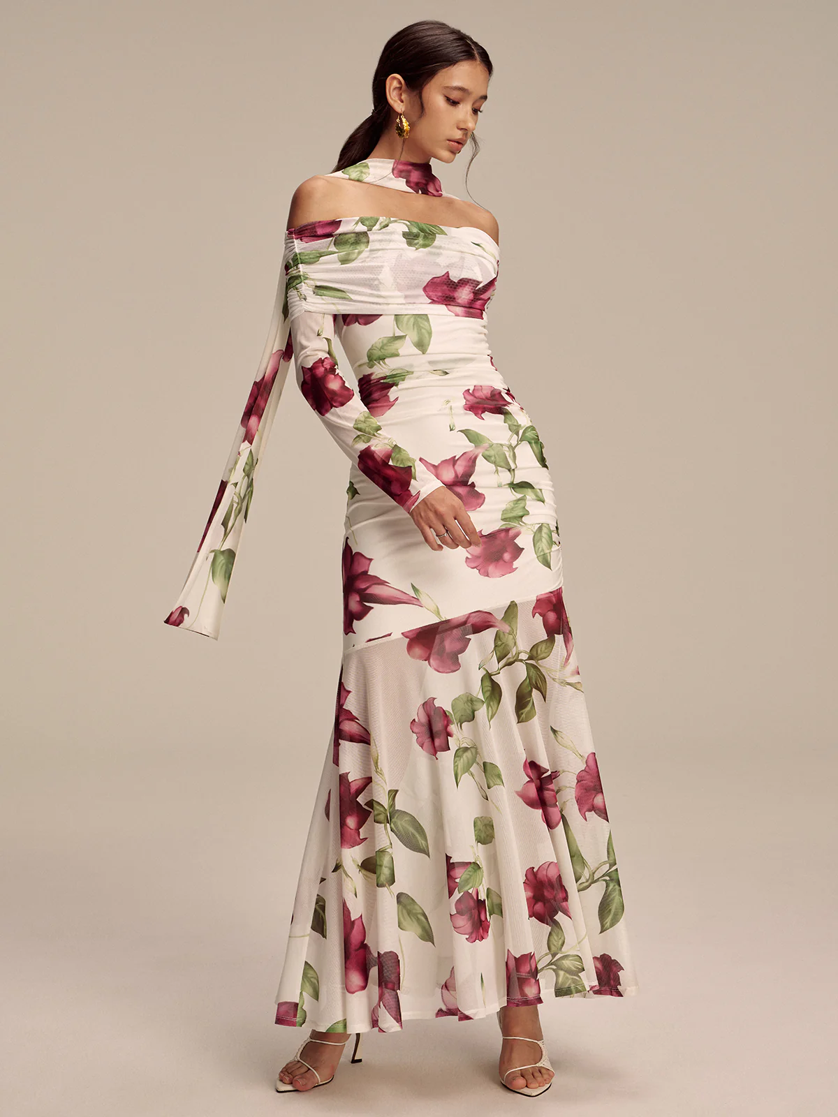 Floral Print Off-Shoulder Mesh Maxi Dress with Scarf Detail - Wholesalesil