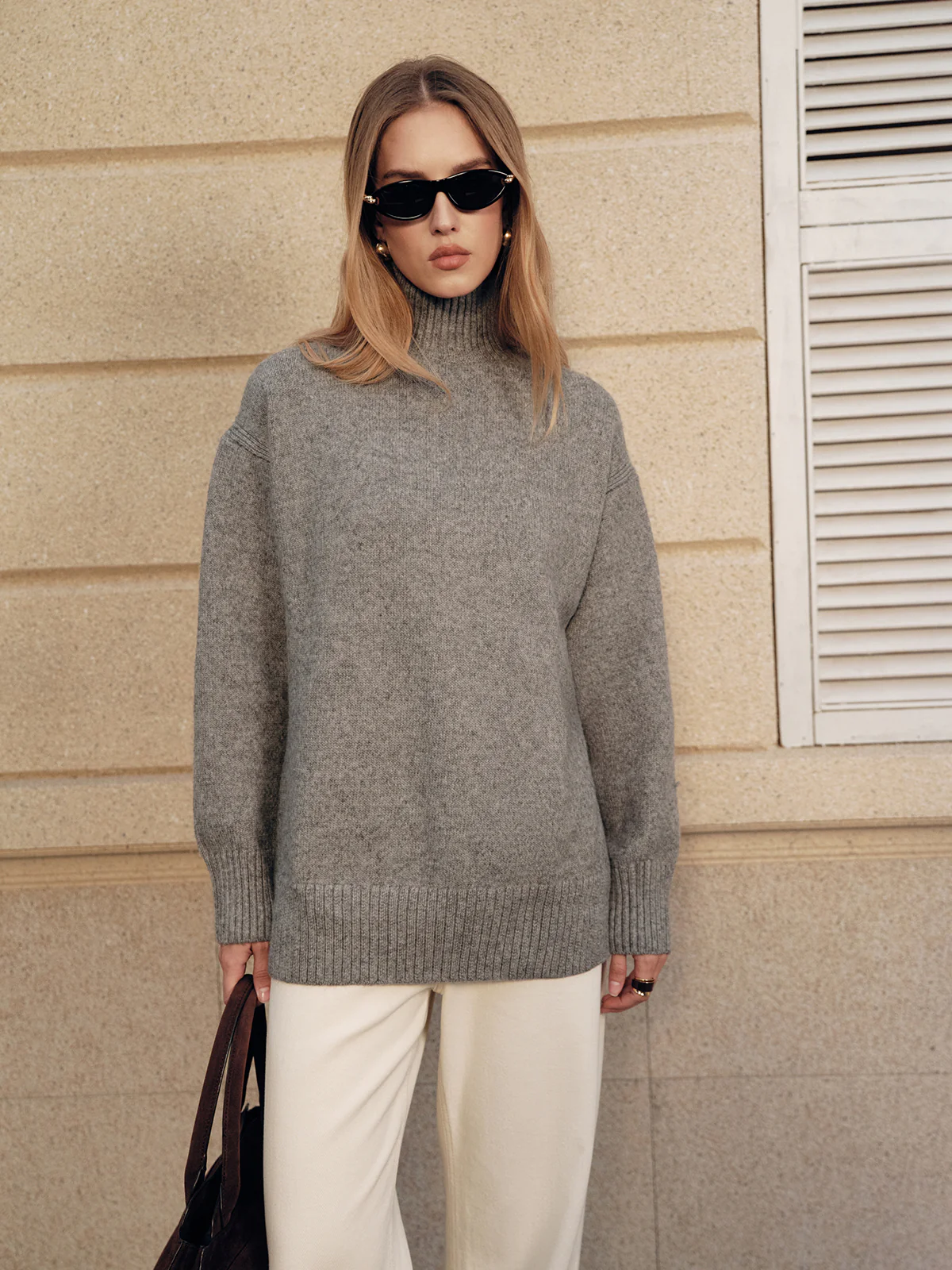 Wool Blend Turtleneck Side Slit Sweater - Wholesalesil