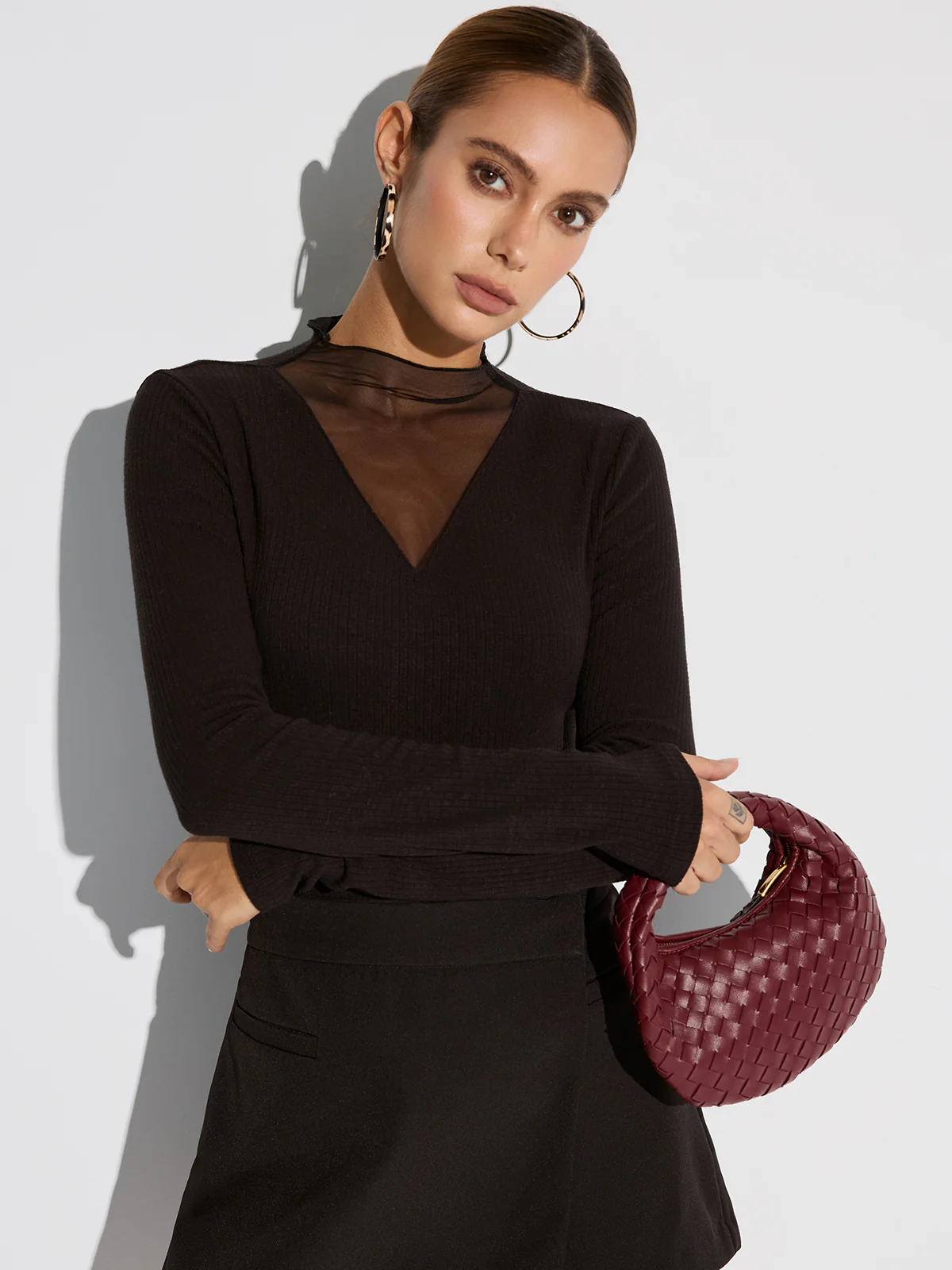 Sheer Mesh Neckline Ribbed Blouse - Wholesalesil