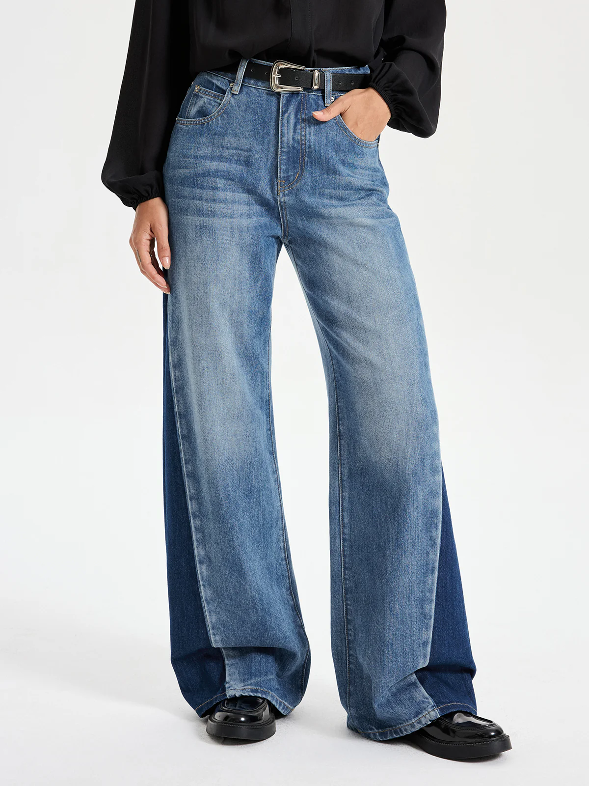 Two Tone Wide Leg Barrel Jeans - Wholesalesil