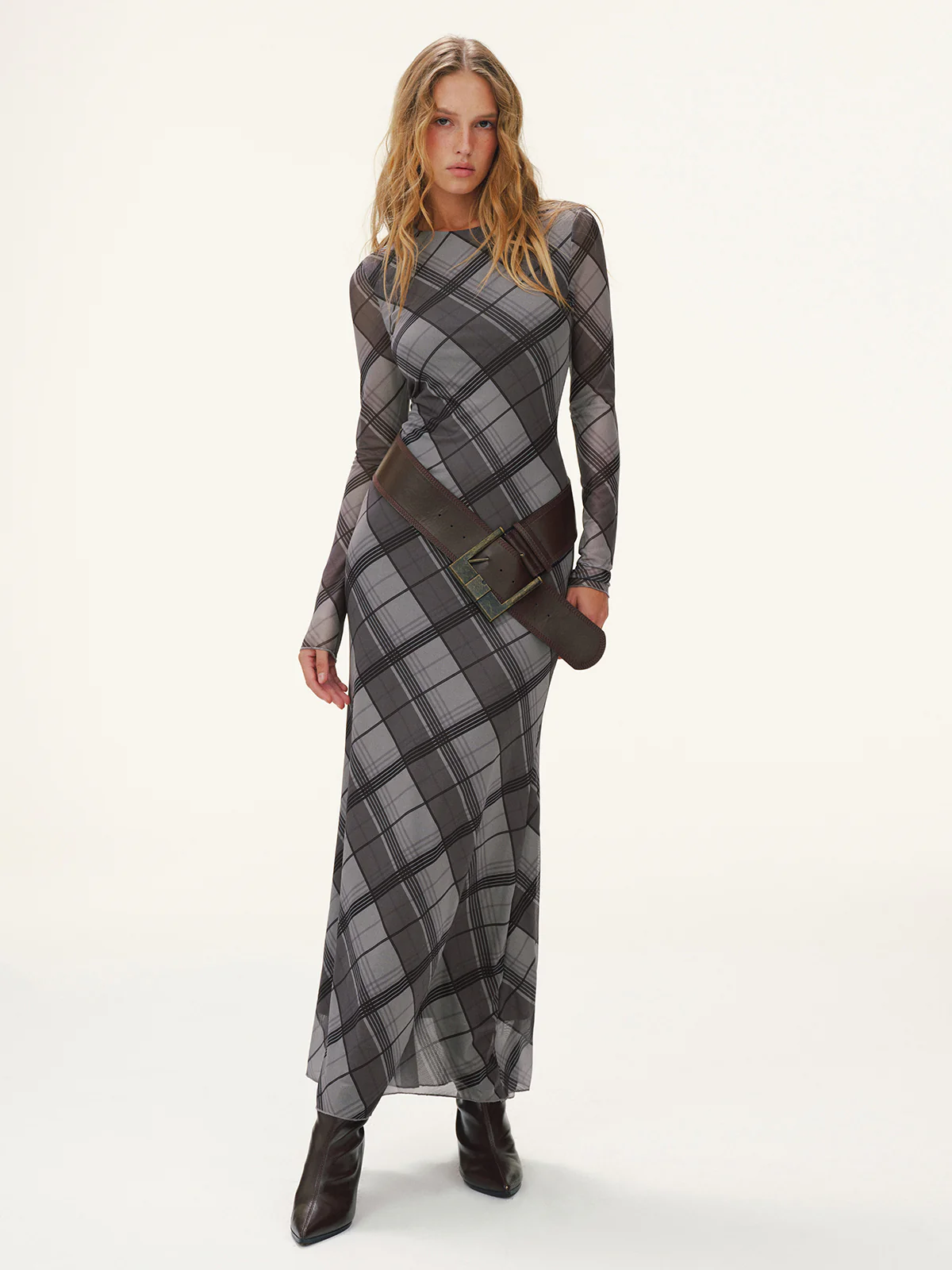 Plaid Mesh Long Sleeve Maxi Dress without Belt - Wholesalesil