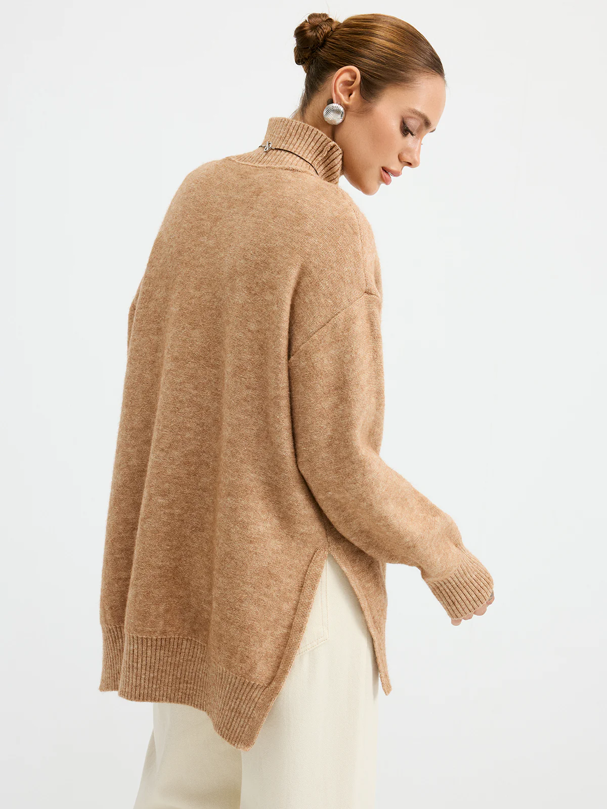 Turtleneck Side-Slit Oversized Casual Sweater - Wholesalesil