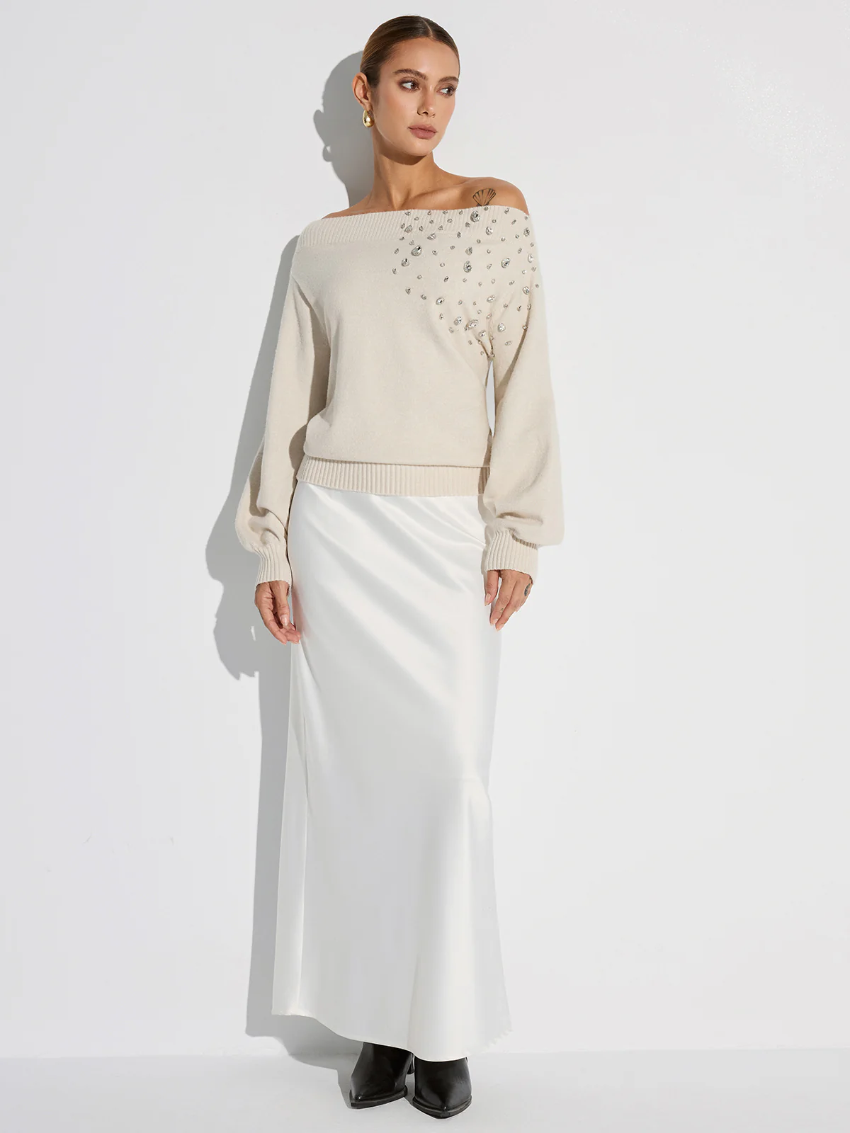 Rhinestone-Embellished Off-Shoulder Sweater - Wholesalesil