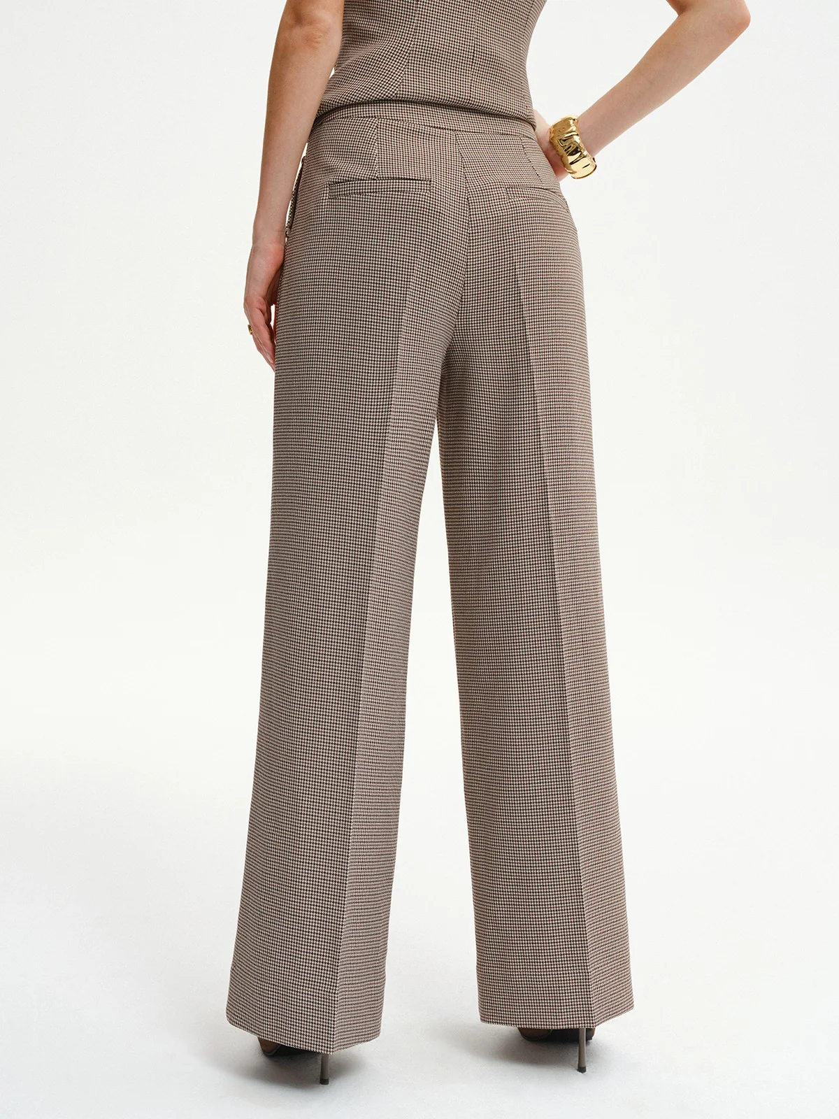 Houndstooth Metal Detail Mid-Waist Pants - Wholesalesil