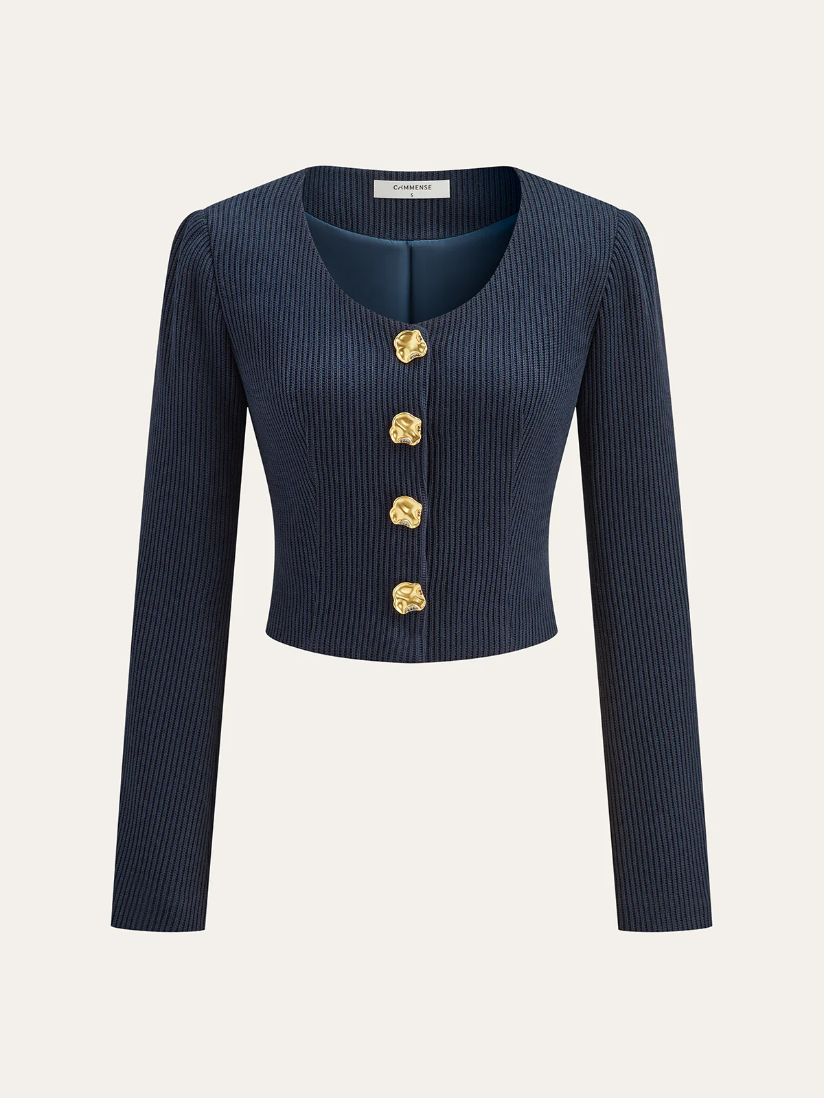 Ribbed Crew Neck Metal Button Blouse - Wholesalesil