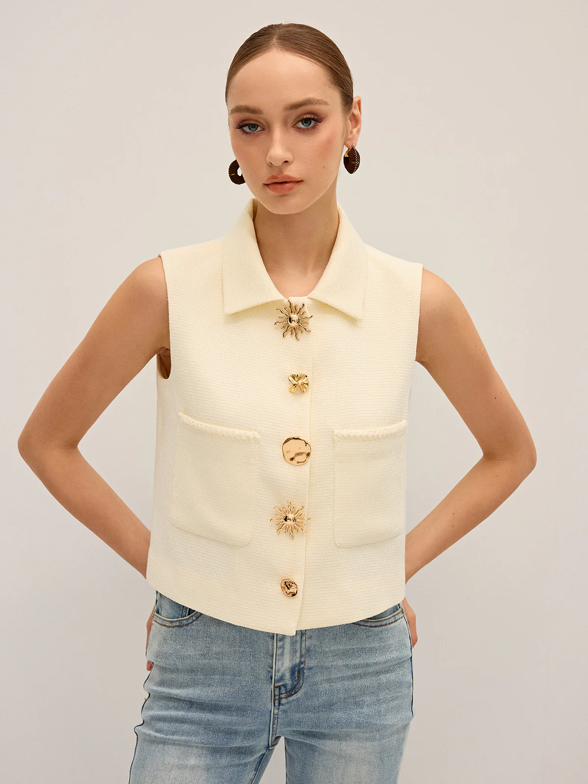 Irregular Metal Button Sleeveless Vest - Wholesalesil