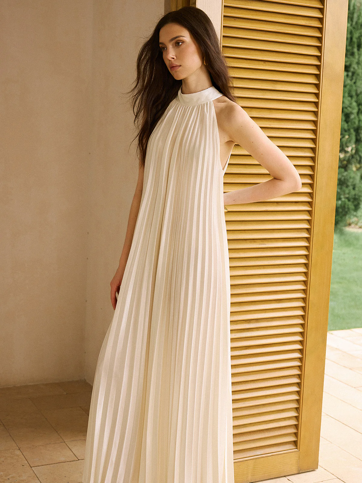 Satin High-Neck Pleated Maxi Dress - Wholesalesil