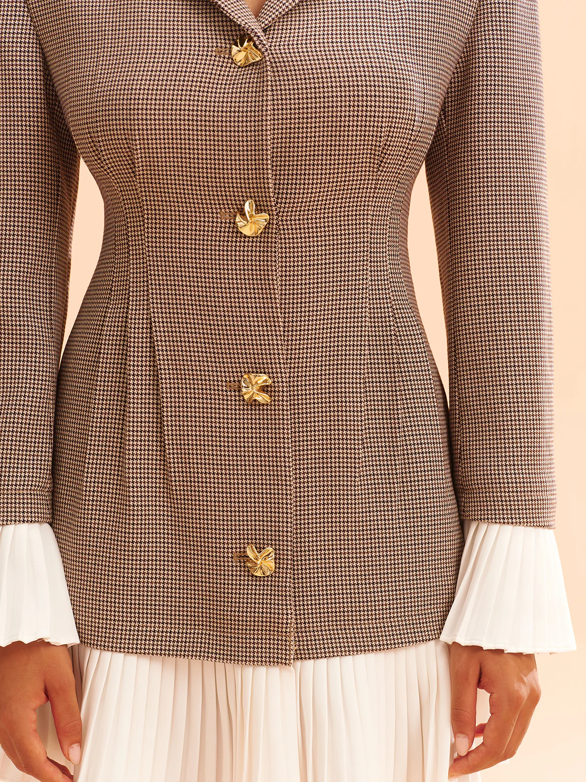 Pleated Hem Panel Houndstooth Blazer Dress - Wholesalesil