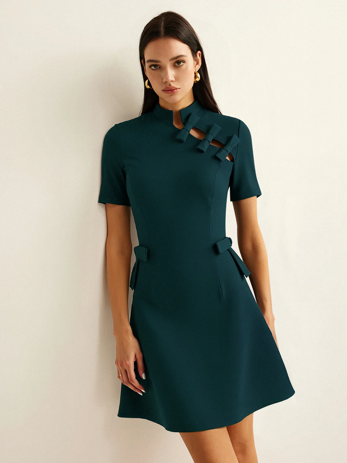 Bow Cut-Out Stand Collar Short Sleeve Dress - Wholesalesil