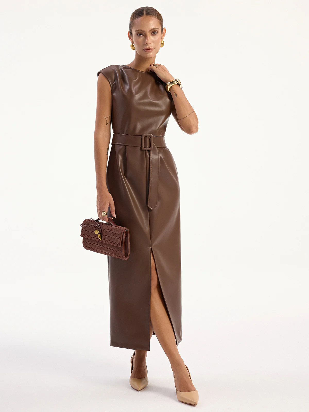 PU Leather Sleeveless Belted Midi Dress - Wholesalesil