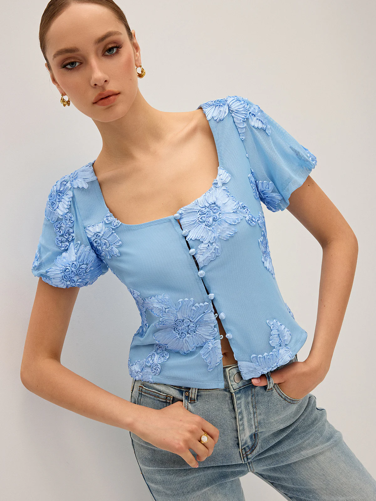 Floral Embroidered Square Neck Mesh Top - Wholesalesil