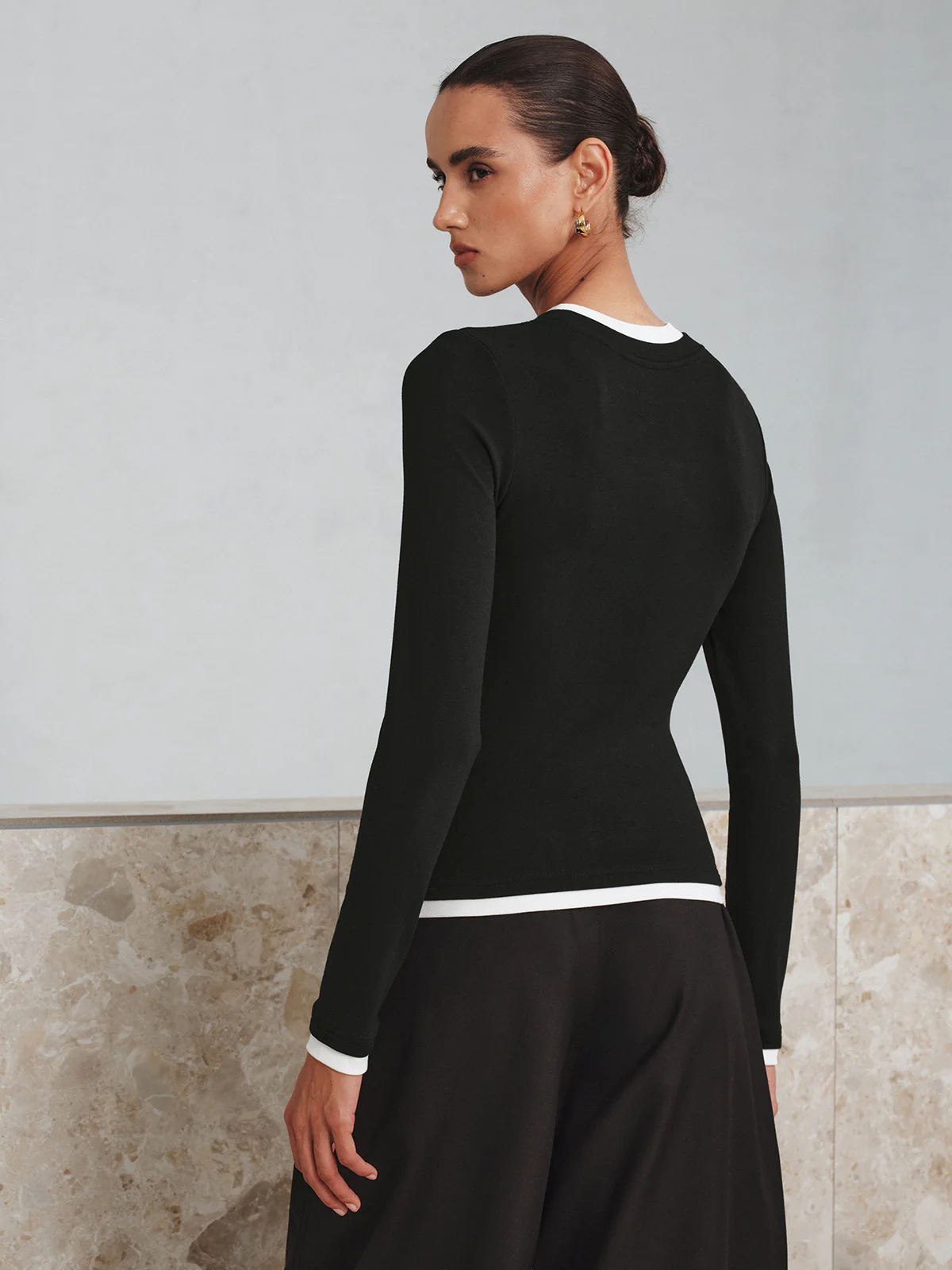 Contrast Trim Long Sleeve T-Shirt - Wholesalesil