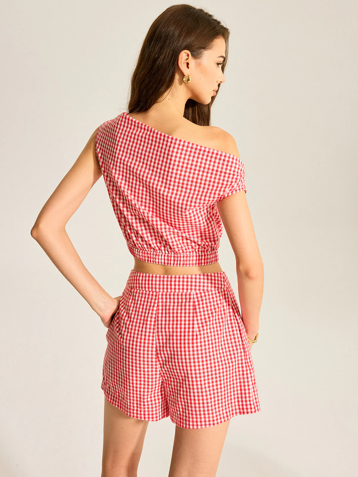 Gingham One-Shoulder Top and Shorts Set - Wholesalesil