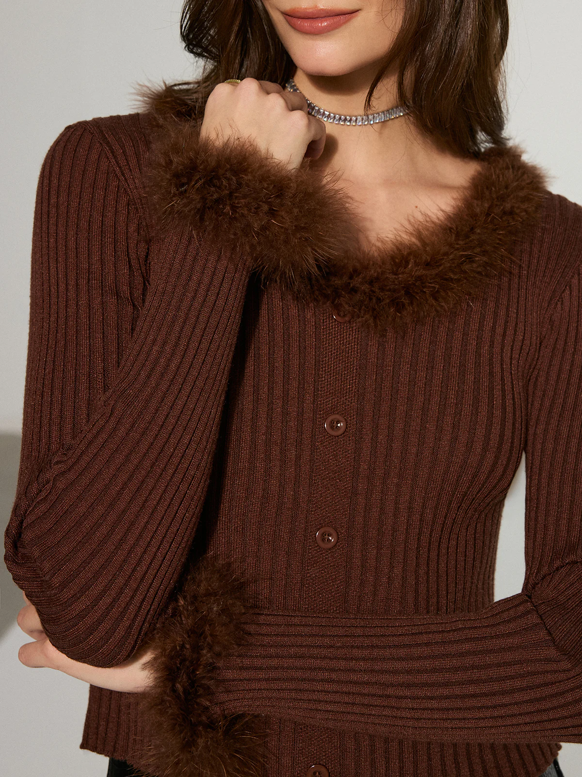 Faux Fur Trim Ribbed Knit Top - Wholesalesil
