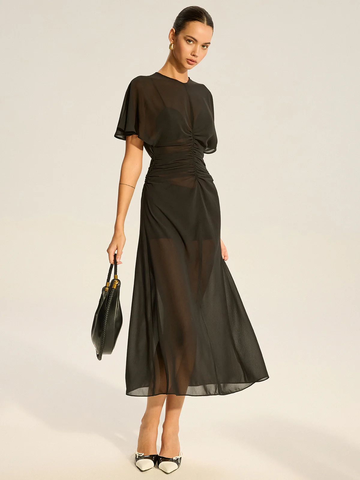 Sheer Chiffon Midi Dress with Lining Slip Two-Piece Set - Wholesalesil