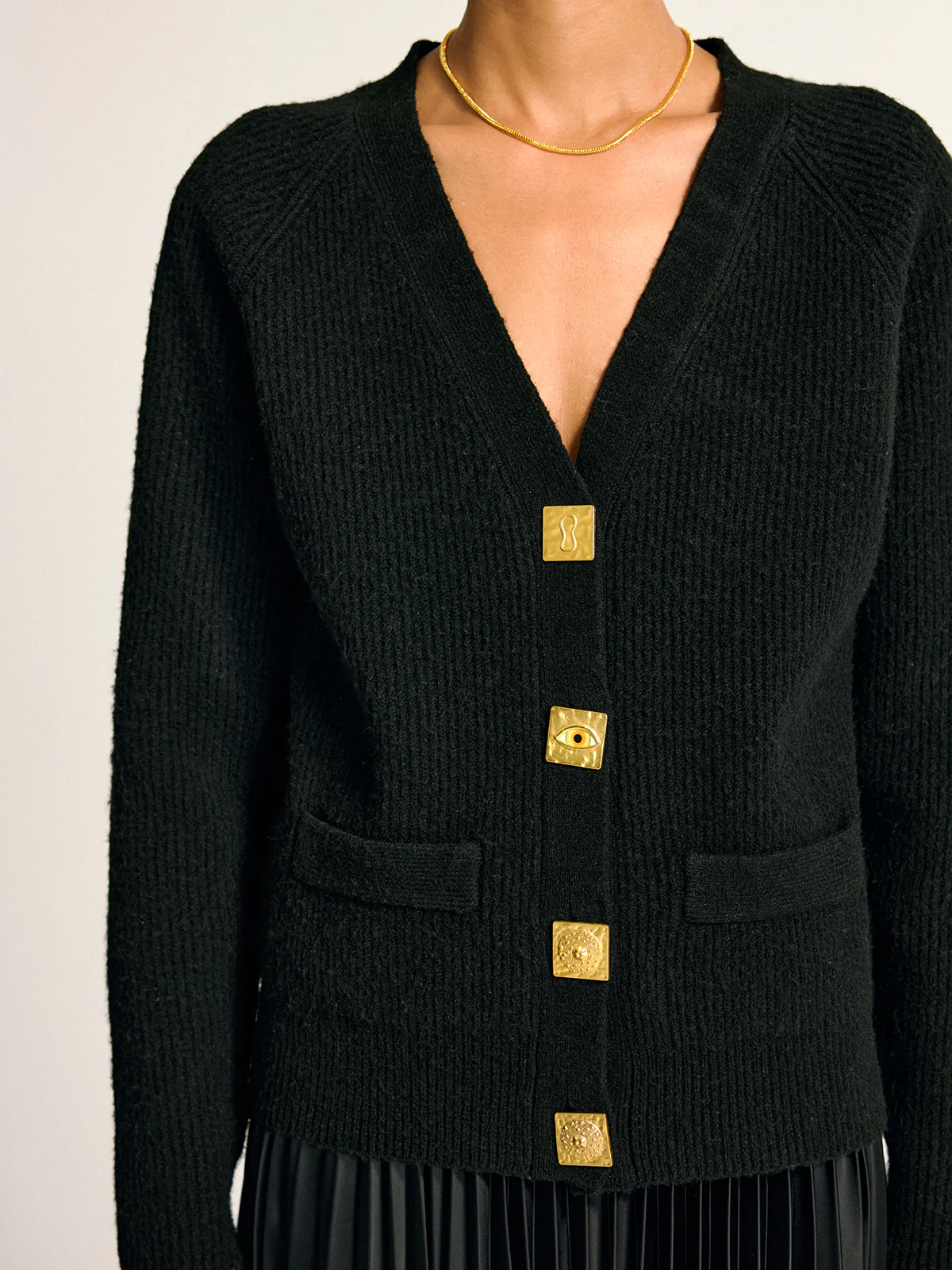 Metal Button V-Neck Wool Blend Cardigan - Wholesalesil