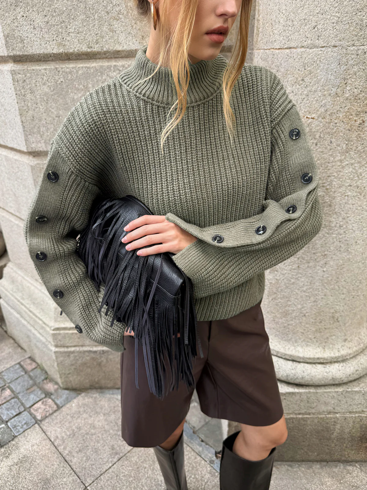 Mock Neck Button-Detail Sleeve Sweater - Wholesalesil