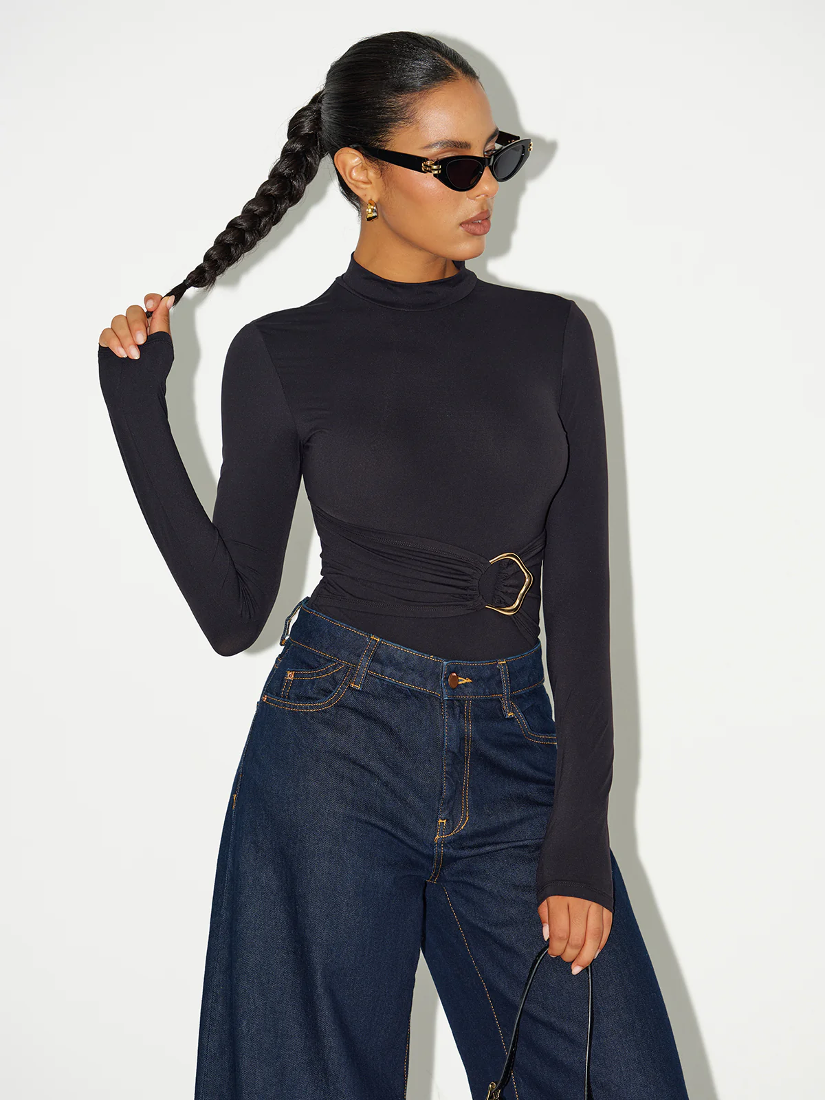 Metal Buckle Stand Collar Long Sleeve Bodysuit - Wholesalesil