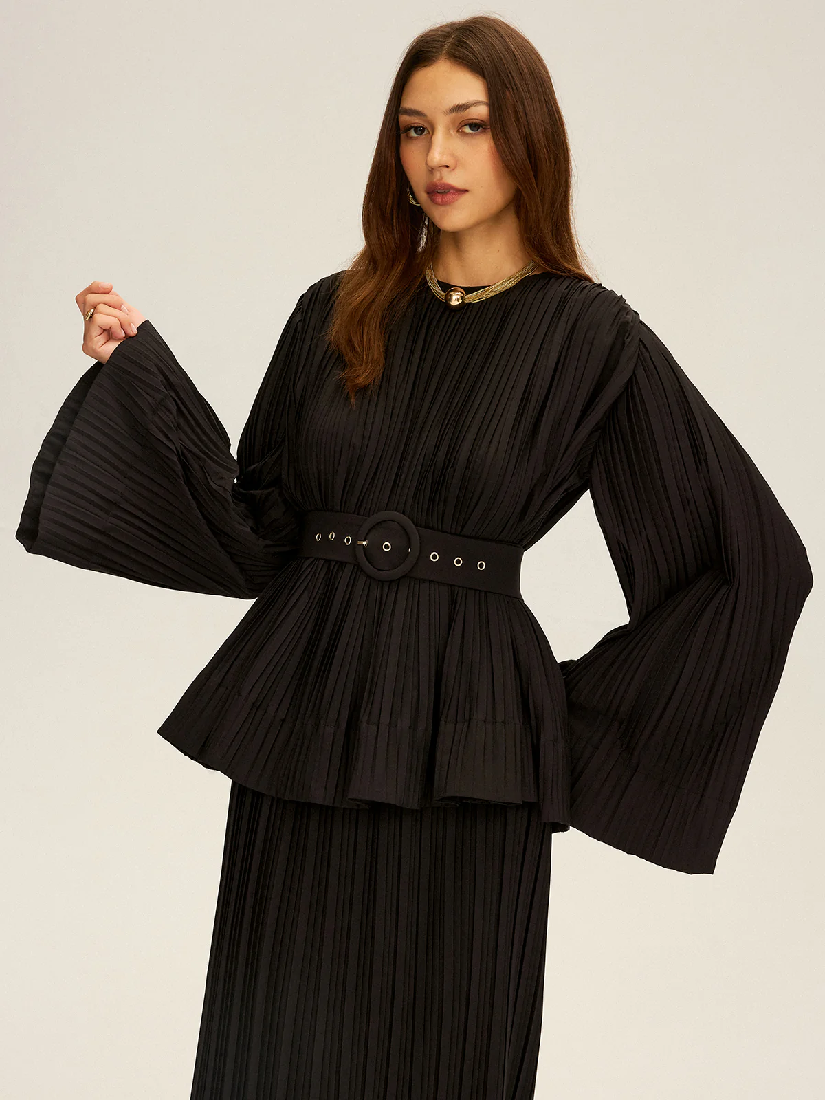 Pleated Bell Sleeve Belted Peplum Blouse - Wholesalesil