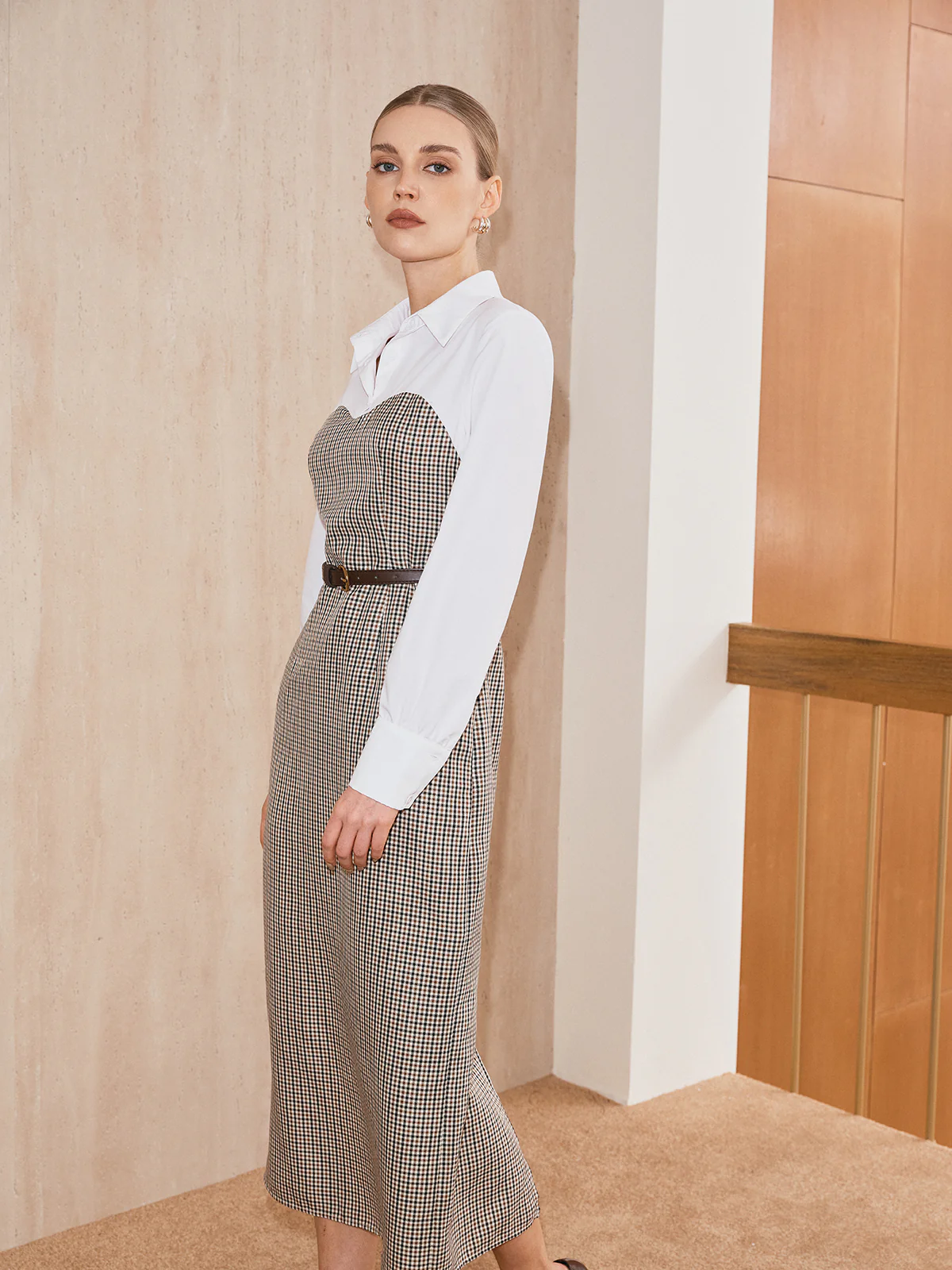 2 in 1 Shirt Plaid Panel Midi Dress with Belt - Wholesalesil