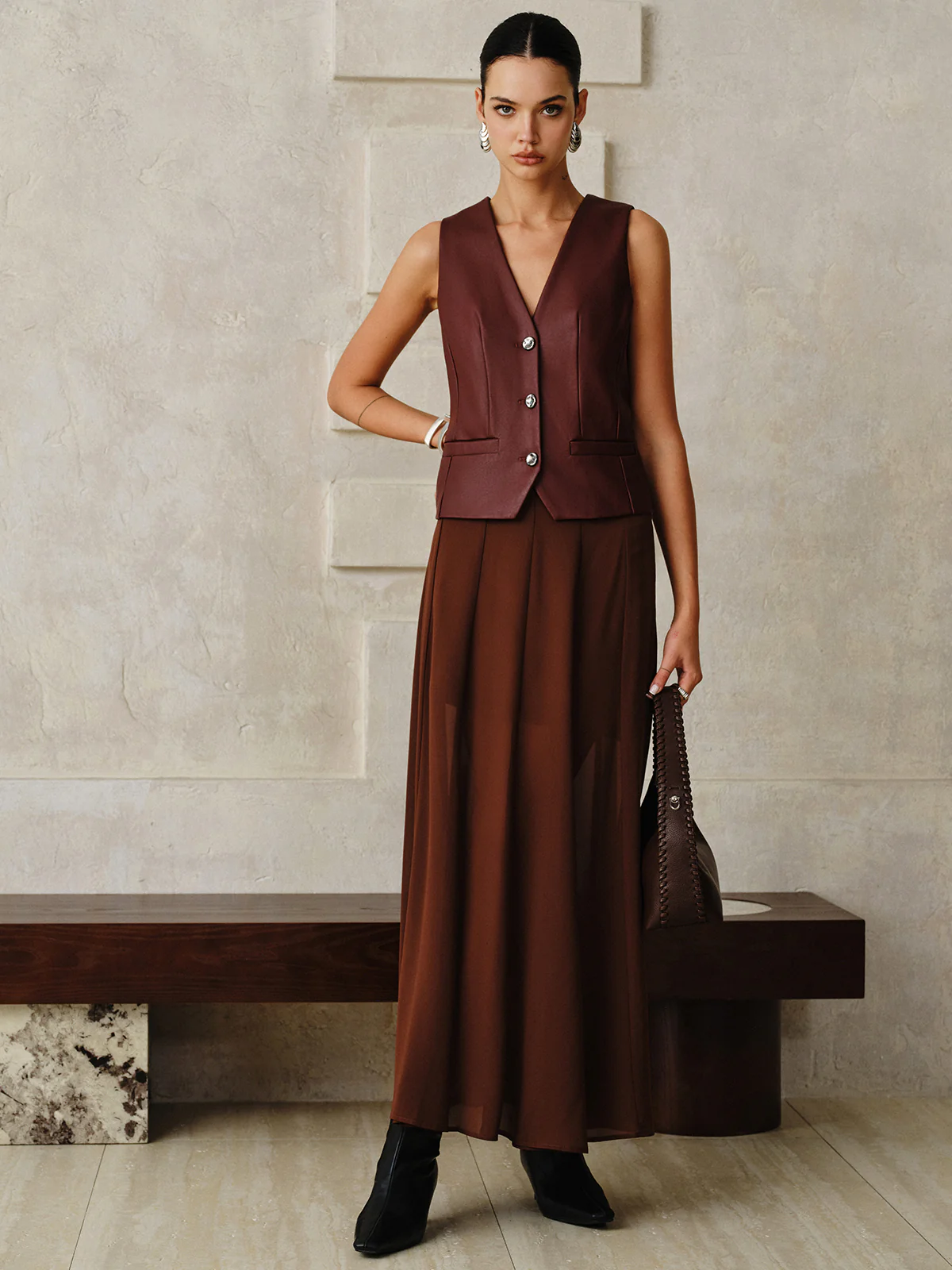 Faux Leather Metal Button Vest - Wholesalesil