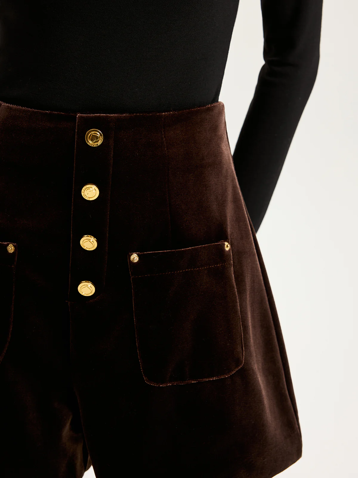 Velvet Mid-Waist Button-Front Shorts - Wholesalesil
