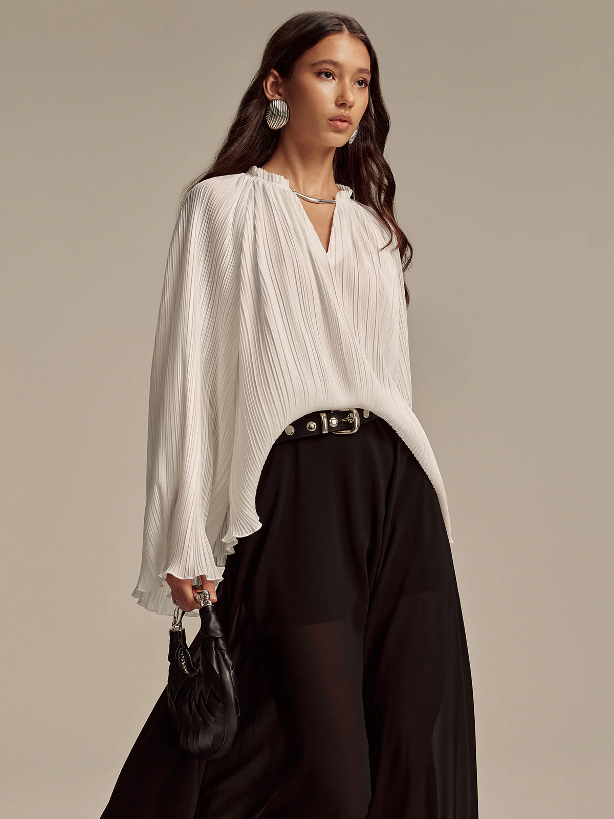 Metal Collar Pleated Long-Sleeve Blouse - Wholesalesil