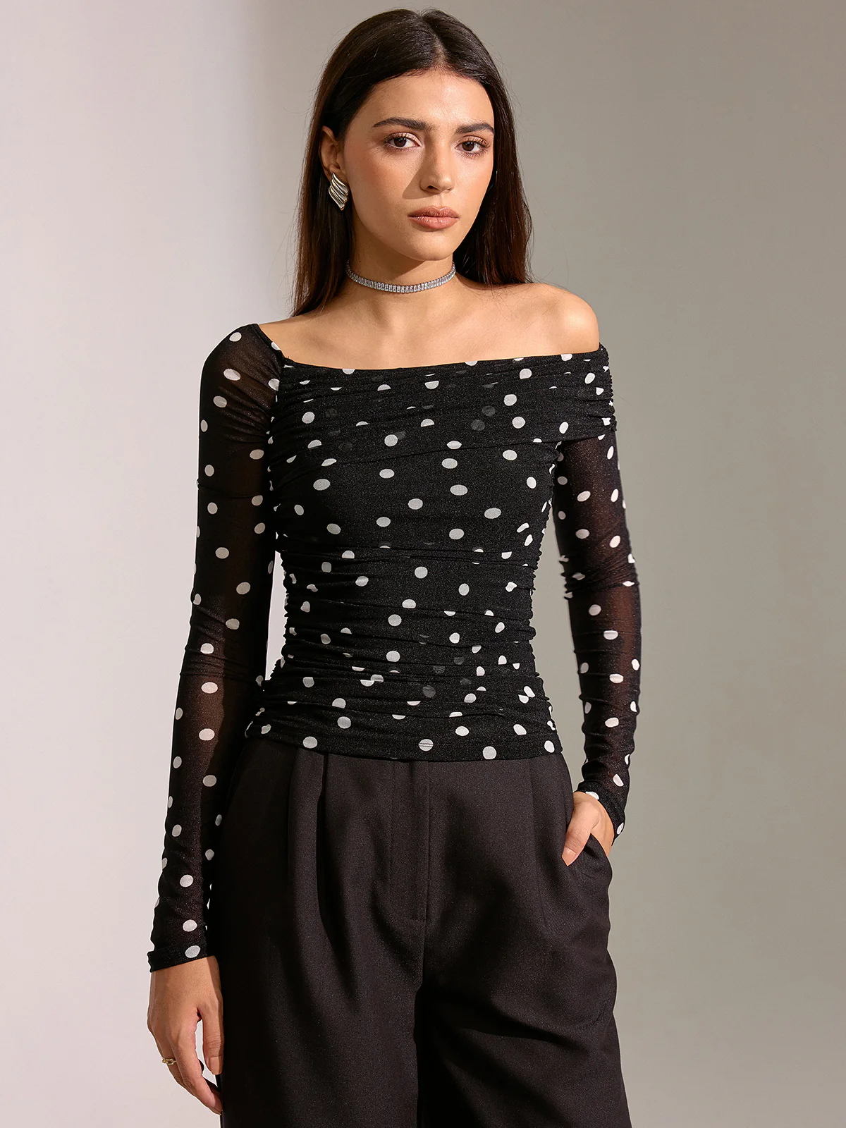 Semi-Sheer Mesh Polka Dot Ruched Off-Shoulder T-Shirt - Wholesalesil