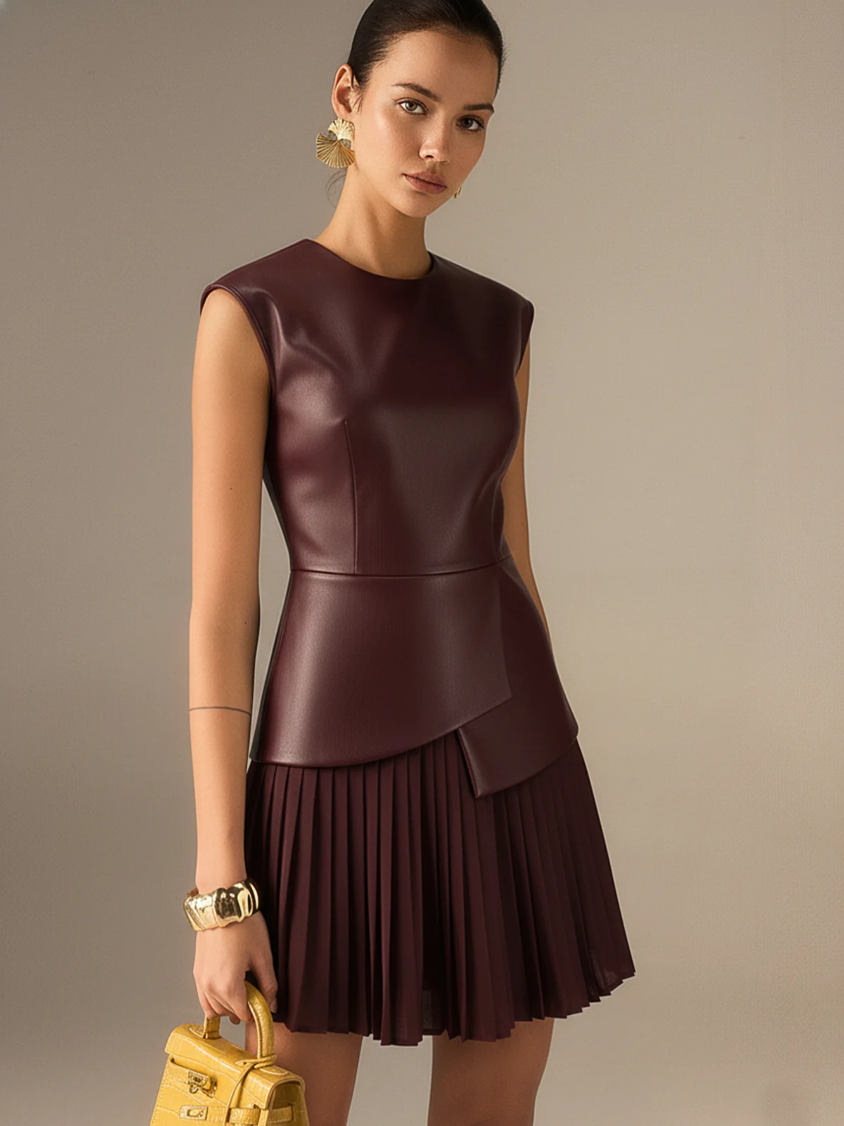 Pleated Panel Sleeveless PU Leather Dress - Wholesalesil