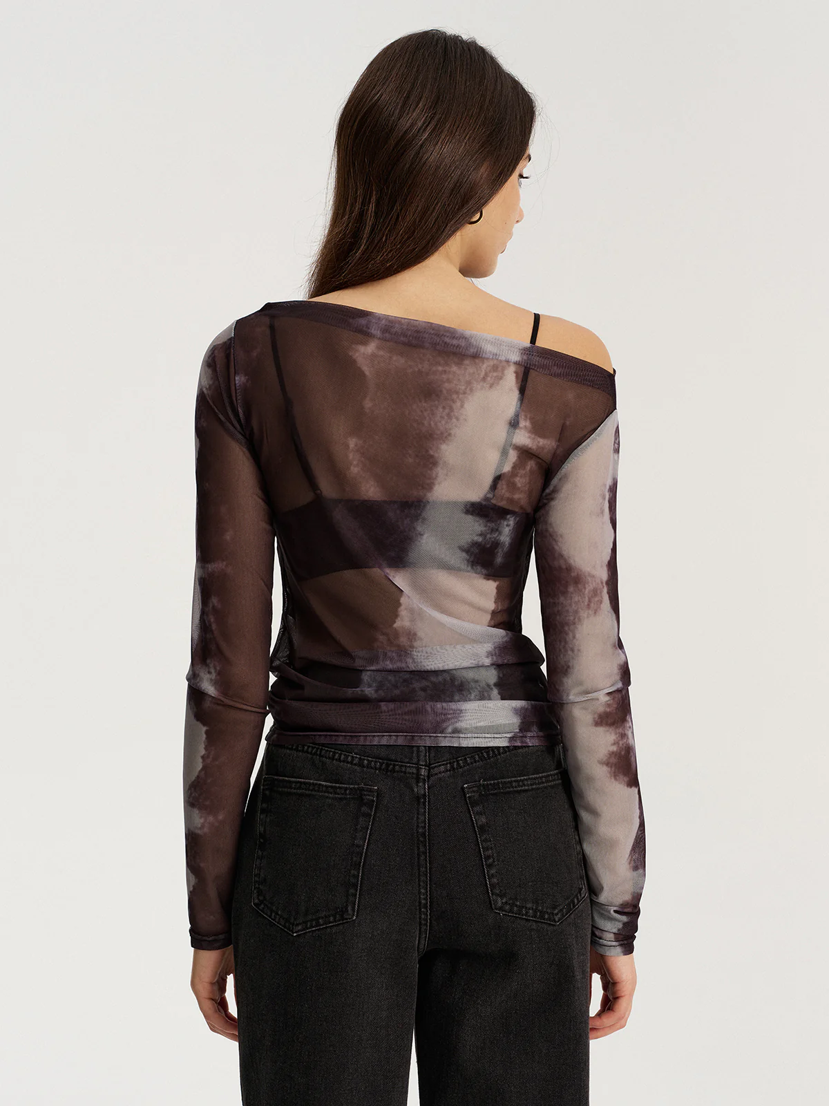 Mesh Tie-Dye Off-Shoulder Long Sleeve T-Shirt - Wholesalesil