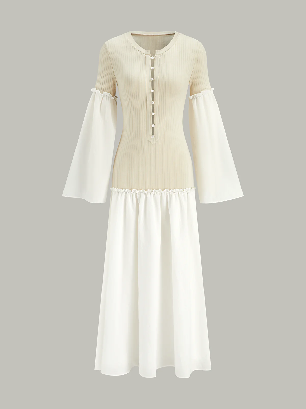 Bell Sleeve Contrast Panel Ribbed Maxi Dress - Wholesalesil