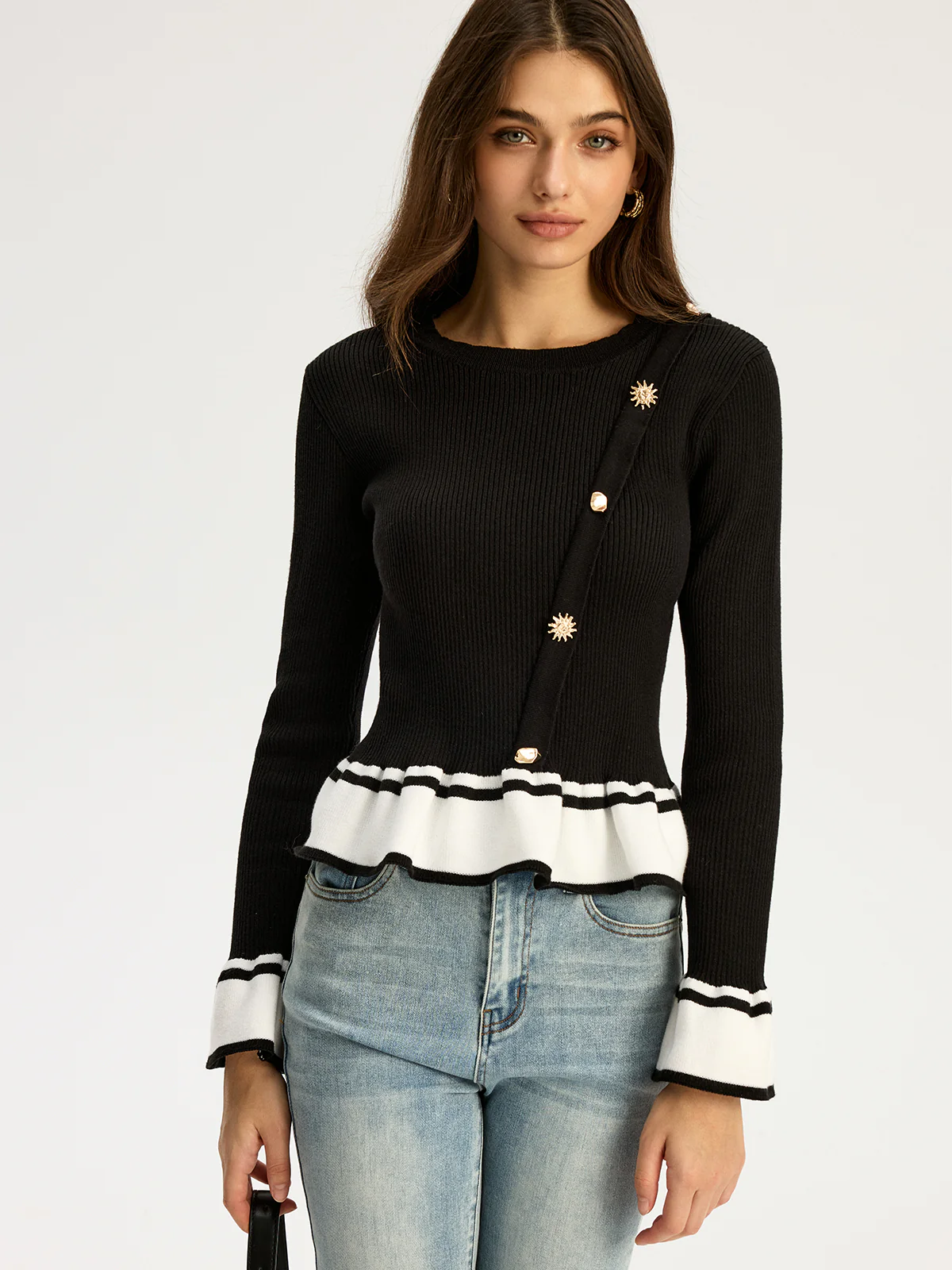 Contrast Ruffled Hem Sweater - Wholesalesil