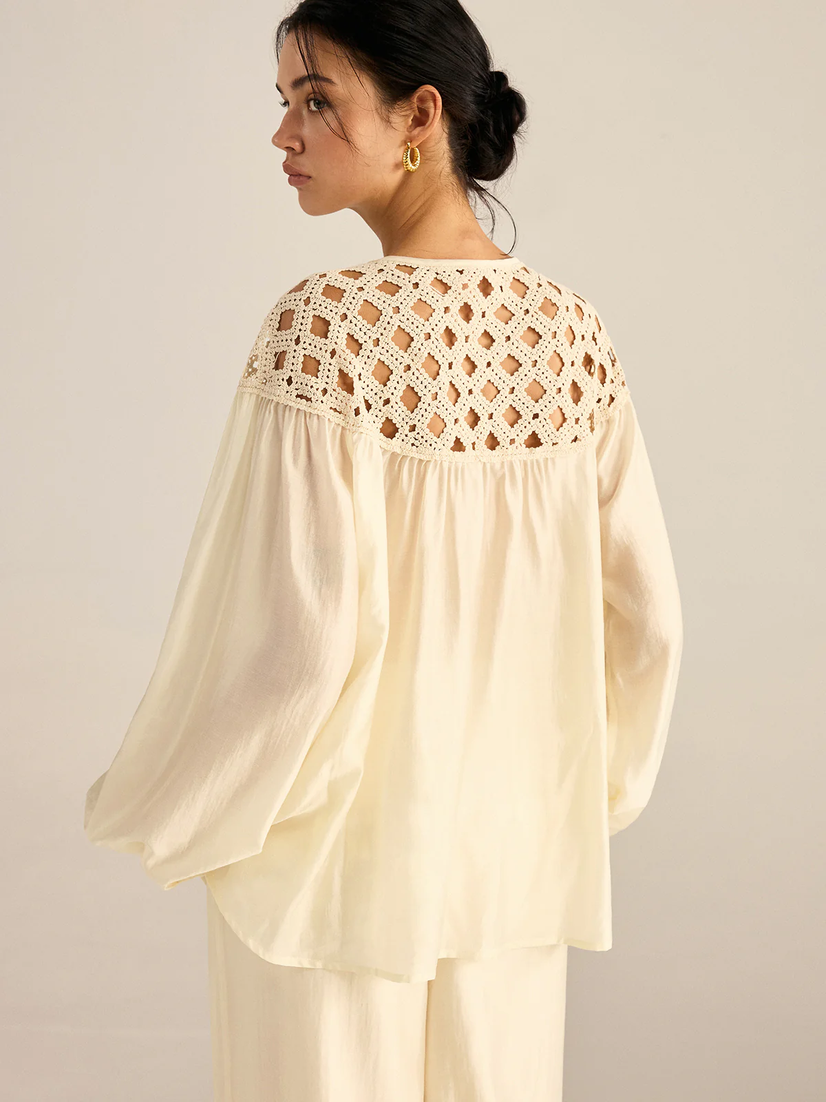 Semi-Sheer Crochet Tencel Blouse - Wholesalesil