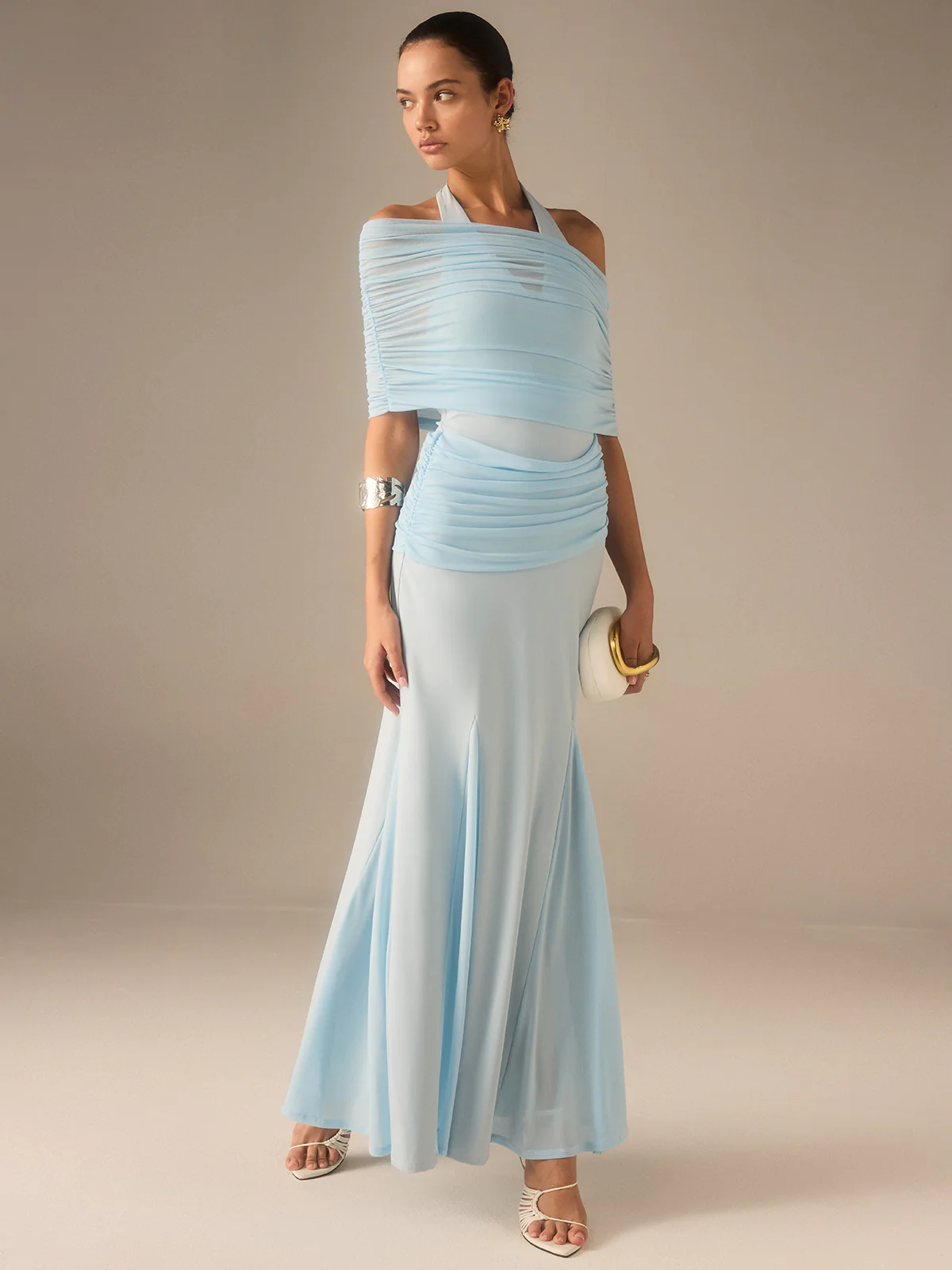 Semi-Sheer Elastic Mesh Ruched Maxi Dress - Wholesalesil