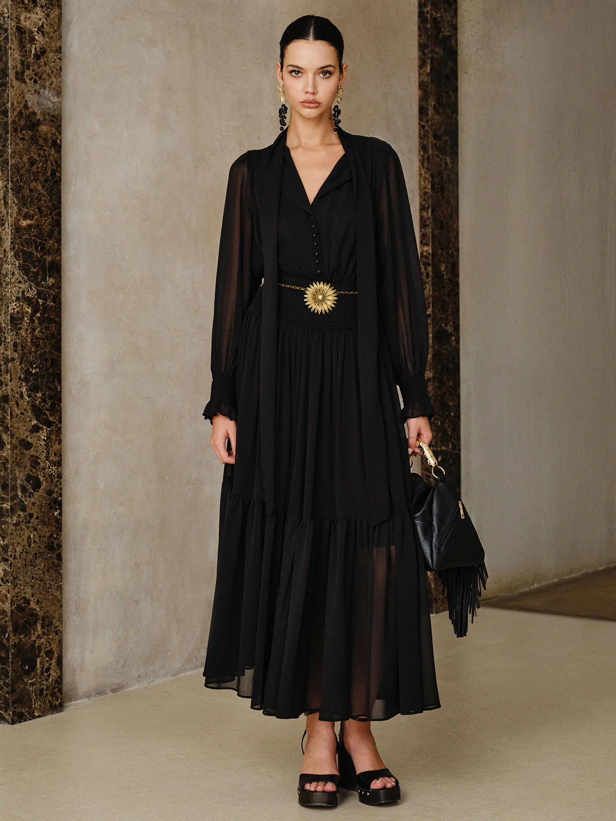 Chiffon Maxi Dresse with Scarf - Wholesalesil