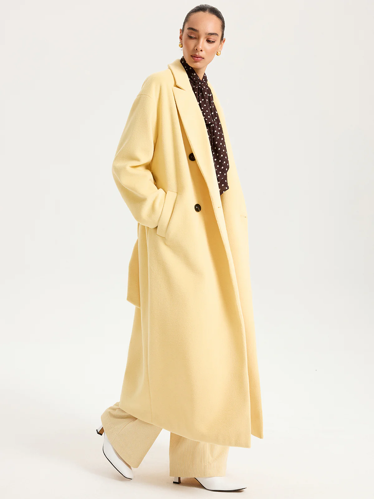 Belted Double-Breasted Lapel Long Coat - Wholesalesil