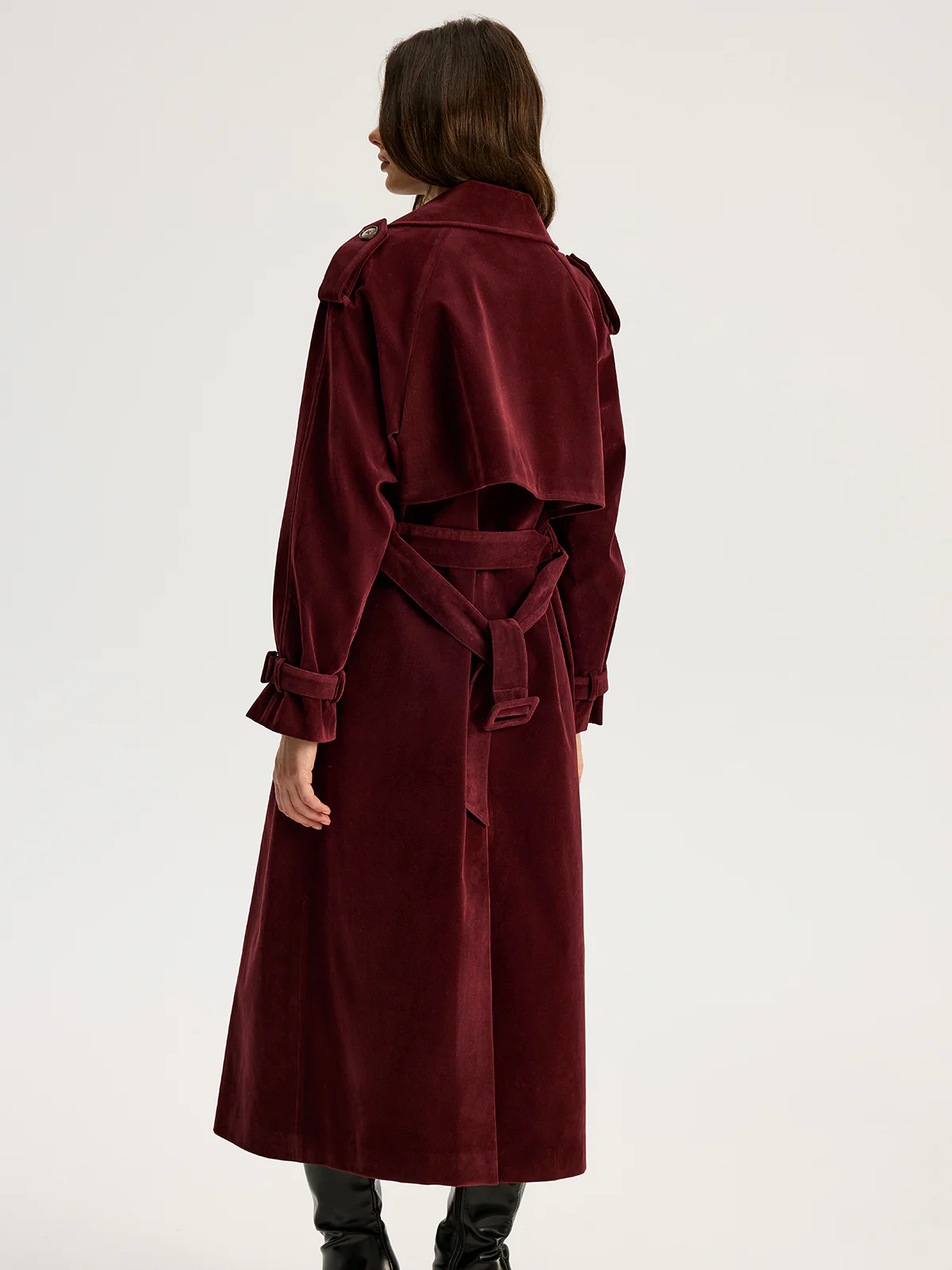 Belted Double-Breasted Suede Effect Long Trench Coat - Wholesalesil