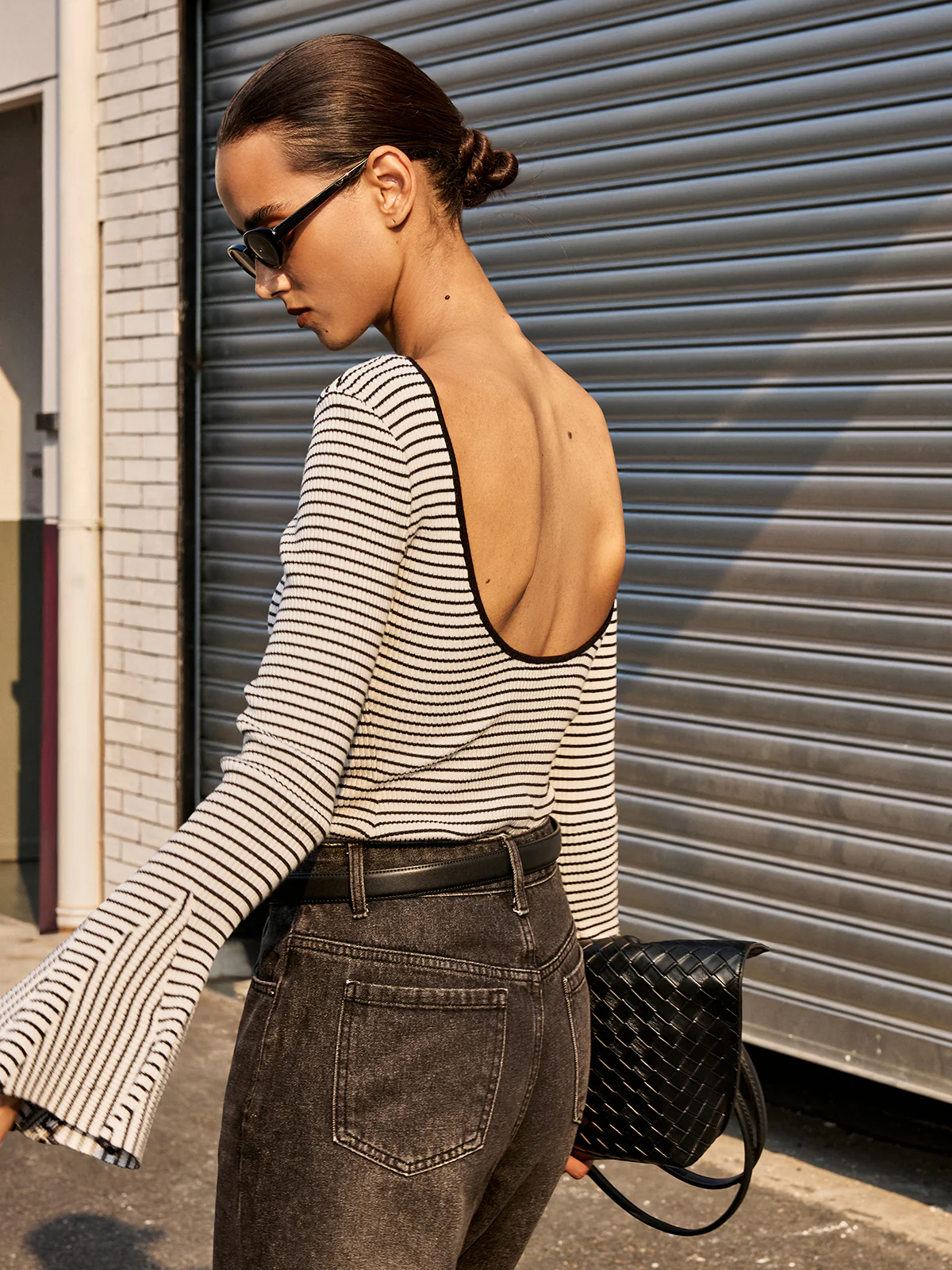 Flared Cuff Backless Striped Bodysuit - Wholesalesil