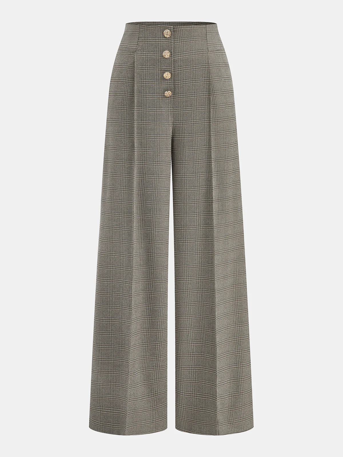 High-Waist Button Detail Plaid Wide-Leg Pants - Wholesalesil