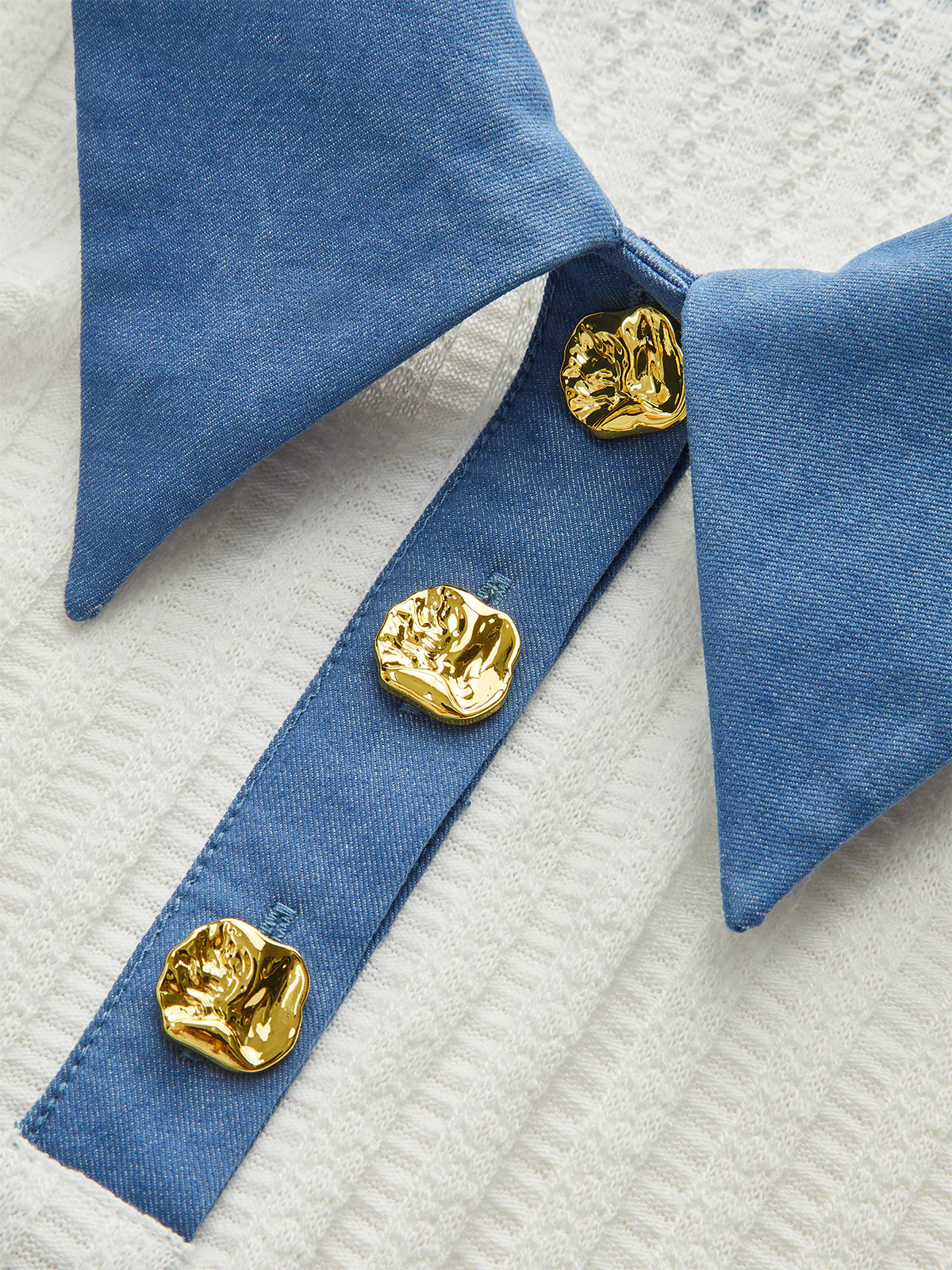 Denim-Collar Knit Polo Top with Metal Button - Wholesalesil
