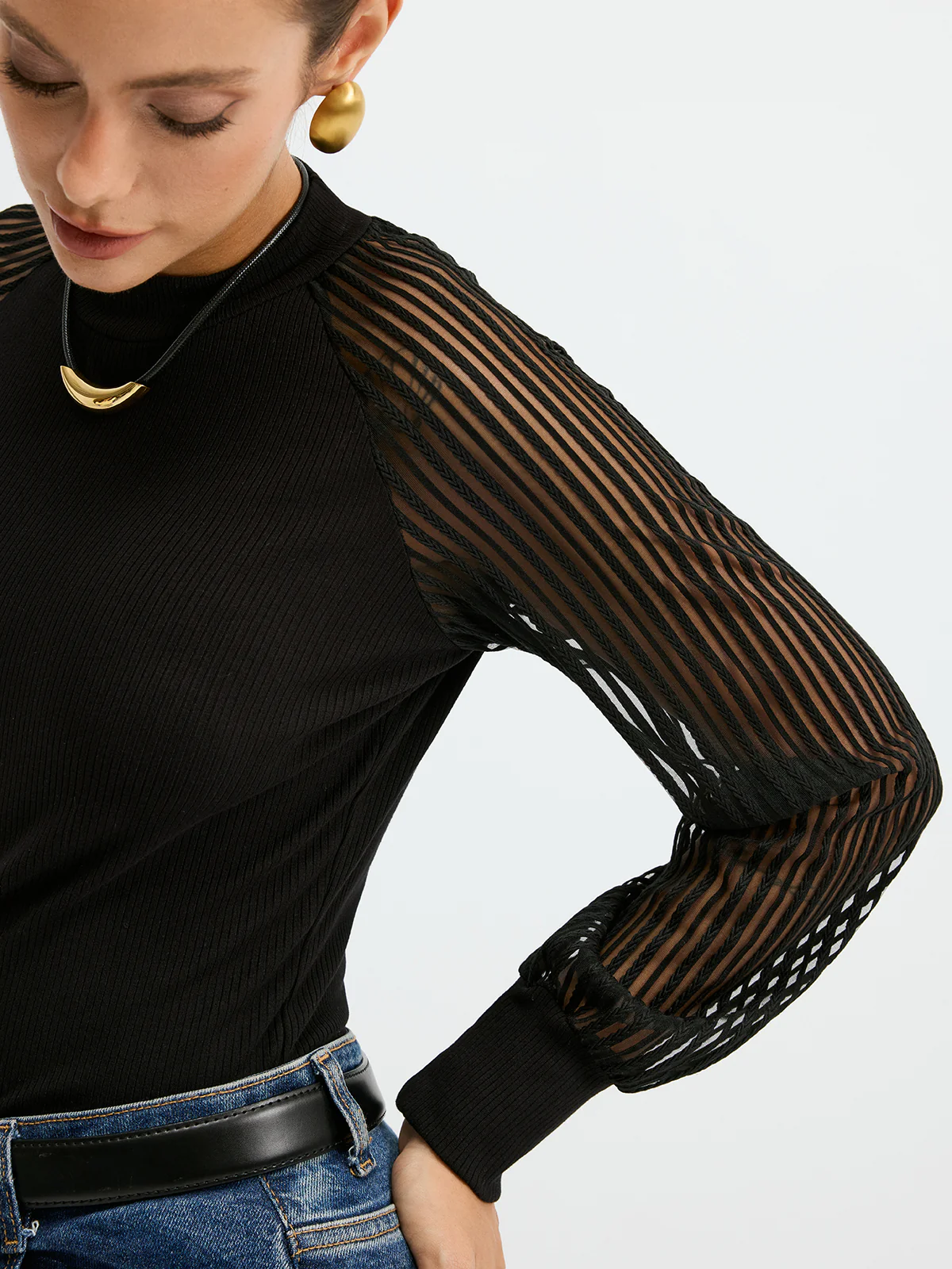 Mock Neck Mesh-Sleeve T-Shirt - Wholesalesil
