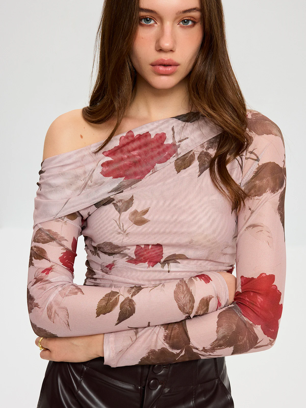 Floral Print Off-Shoulder Mesh T-Shirt - Wholesalesil