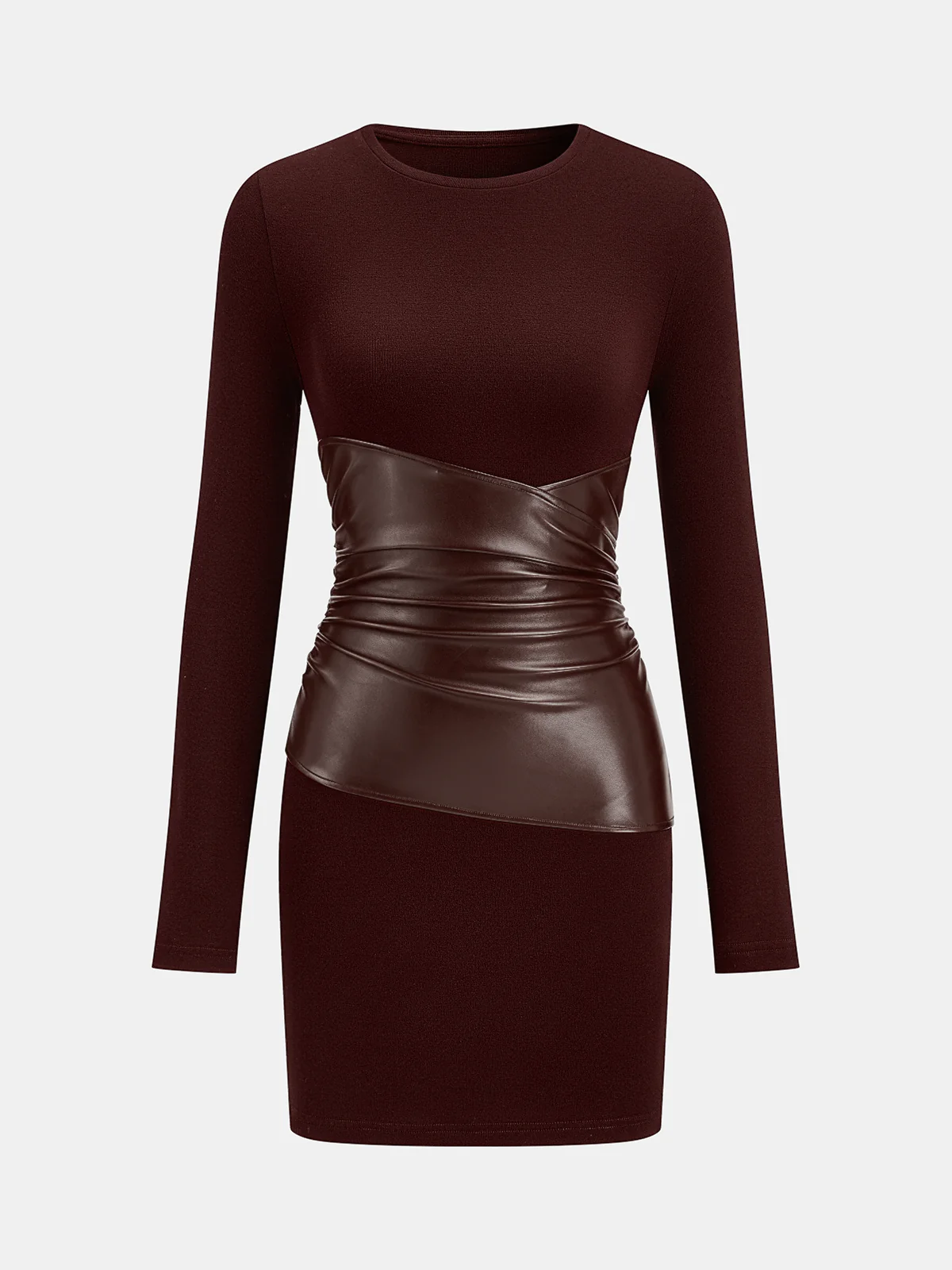 PU Leather Panel Long Sleeve Knit Dress - Wholesalesil